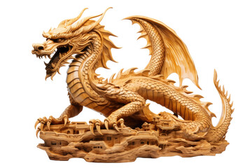 Fototapeta premium Golden Asian dragon statue illustration, mythical Chinese dragon creature, fantasy ornament for tattoo logo game design isolated on Transparent Background