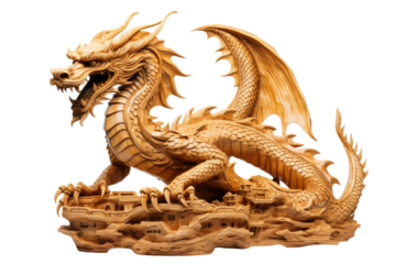 The Majestic Wooden Dragon: A Mythical Guardian Perched on a Table on White or PNG Transparent Background.