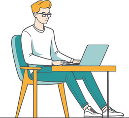 Vector illustration of a young man sitting in a chair and using a laptop on a white background