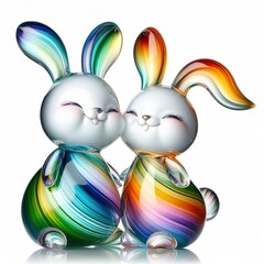 A stunning blown glass sculpture of a playful, a couple rabbit with seamlessly blended rainbow colors, white background - obrazy, fototapety, plakaty
