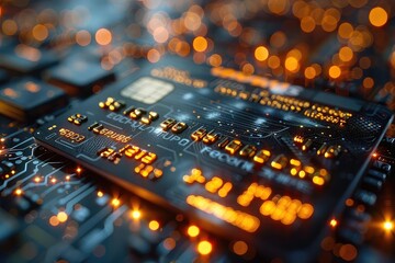 A close-up image of a credit card with an orange glowing background.