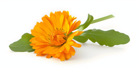 Marigold yellow flowers with leaves on birch wood and  white background.  
