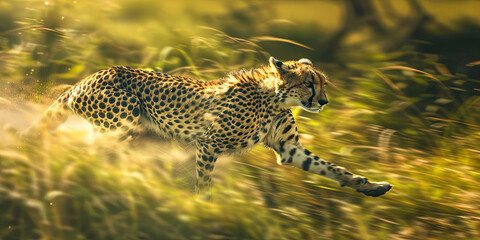a cheetah running through the grass, generative AI - obrazy, fototapety, plakaty