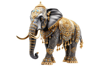 Majestic Elephant Statue Adorned in Gold and Silver on White or PNG Transparent Background.