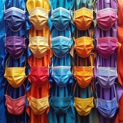 A variety of colorful face masks hang from a wall of colorful fabric. - obrazy, fototapety, plakaty