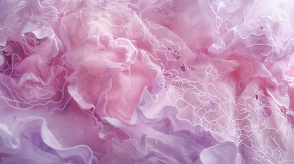 A panoramic shot of soft, blush pink lace, the delicate patterns highlighted by the gentle touch of lavender ink stains, creating a canvas of accidental artistry and gentle color play. 