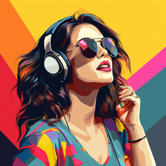Girl with sunglasses listening to music on  headphones, retro party, poster, vector art for music cover, music vector, cool graphic