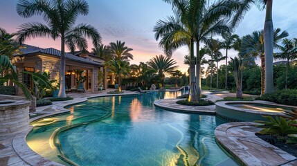 Fototapeta premium An expansive luxury pool home's backyard oasis, with tropical palm trees and a shimmering pool at dusk