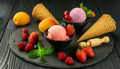 ice cream with fruits diet, summer, blueberries, ripe, bowl, breakfast, salad, blackberry, white, delicious, freshness, fruits - obrazy, fototapety, plakaty