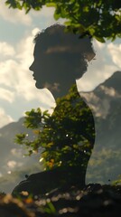 The silhouette of a woman made of leaves and sky - obrazy, fototapety, plakaty