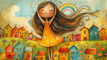 vibrant illustration of a a girl with long hair, wearing a bright orange dress, dancing joyfully with closed eyes in the backround a colorful rainbow and homes at the village.