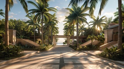 Fototapeta premium A beach villa's luxurious entrance with a palm tree-lined walkway leading to a grand double staircase