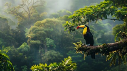 A toucan in profile, perched on a gnarled branch, with the lush green tropical forest providing a perfect backdrop