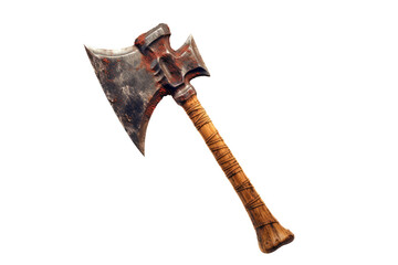 Whispers of the Past: Vintage Axe Resting on White Canvas on White or PNG Transparent Background.