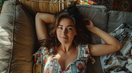 young woman laying on the sofa or bed