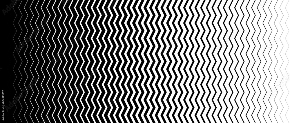 Poster Zig zag line halftone gradation texture. Fade chevron stripe gradient background. Repeating pattern backdrop. Black thin to thick wave stripe backdrop for overlay, print, cover, graphic design. Vector