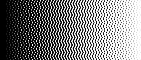Zig zag line halftone gradation texture. Fade chevron stripe gradient background. Repeating pattern backdrop. Black thin to thick wave stripe backdrop for overlay, print, cover, graphic design. Vector