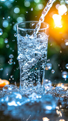 Crystal-clear water shimmers in a glass, signifying hydration and wellness - obrazy, fototapety, plakaty