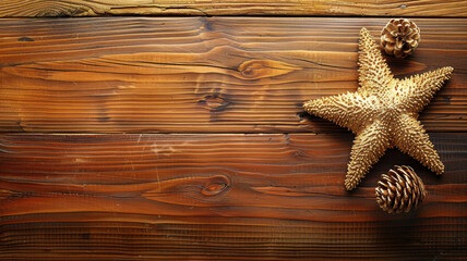 A star is on a wooden surface with pine cones and a gold star - obrazy, fototapety, plakaty