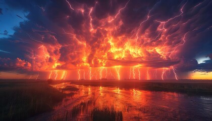 A raging storm sweeps across the landscape, casting a fiery glow upon the horizon