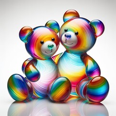 A stunning blown glass sculpture of a playful, a couple teddy bear with seamlessly blended rainbow colors, white background - obrazy, fototapety, plakaty