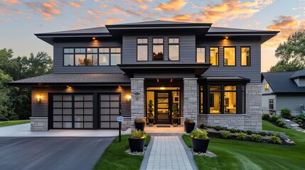 A contemporary house exterior with elegant gray siding, stone columns, and two garage spaces, the entryway welcoming with potted plants at golden hour