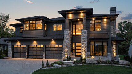 A contemporary house exterior with clean gray wood siding, stone columns, and two well-integrated garage spaces, the landscape lighting casting a warm ambiance at dusk