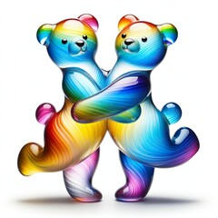 A stunning blown glass sculpture of a playful, a couple teddy bear with seamlessly blended rainbow colors, white background - obrazy, fototapety, plakaty
