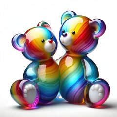 Fototapeta premium A stunning blown glass sculpture of a playful, a couple teddy bear with seamlessly blended rainbow colors, white background