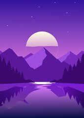 Flat illustration of sunset over the lake, very colorful background