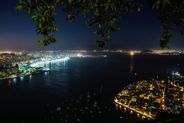 Guanabara Bay and Rio de Janeiro Skyline seen from Morro da Urca at Night - Brazil