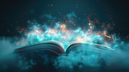 Obraz premium An open book glowing in the dark night, revealing its mystical content