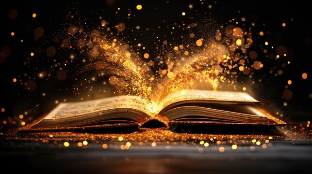 A magic book with pages open, releasing gold dust into the air