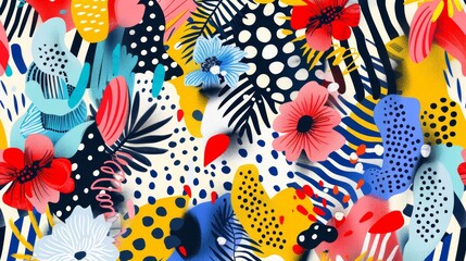 A playful illustration bursting with a variety of patterns, from floral and prints to stripes and polka dots, all woven together in a chaotic yet harmonious way.