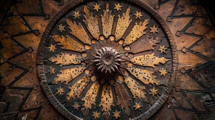 Fototapeta premium A close-up view of a clock featuring stars and intricate details on a patterned wood background