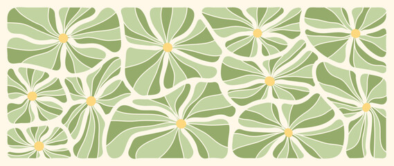 Fototapeta premium Green flower art background vector. Natural hand drawn pattern design with floral. Simple contemporary style illustrated Design for fabric, print, cover, banner, wallpaper.