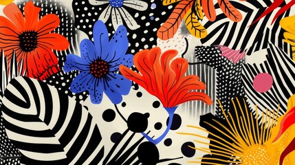 A playful illustration bursting with a variety of patterns, from floral and prints to stripes and polka dots, all woven together in a chaotic yet harmonious way.