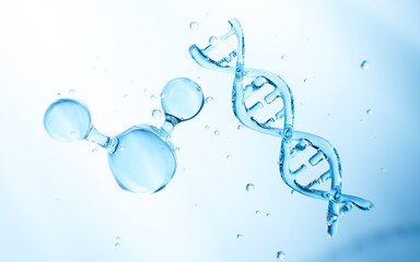 DNA and molecular structure, skincare and biomedical concept, 3d rendering.