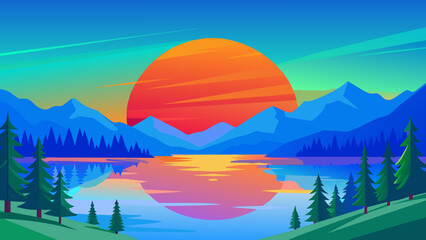 Flat illustration of sunset over the lake, very colorful background