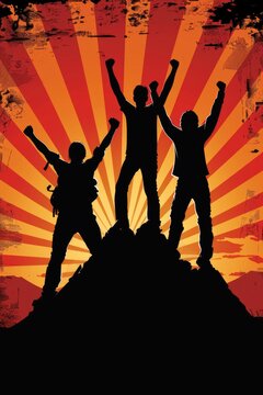 A team of individuals celebrating their successful ascent to the mountain summit, standing on the peak against a clear sky