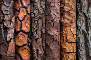 Detailed view of a tree trunk showing a variety of colors and textures