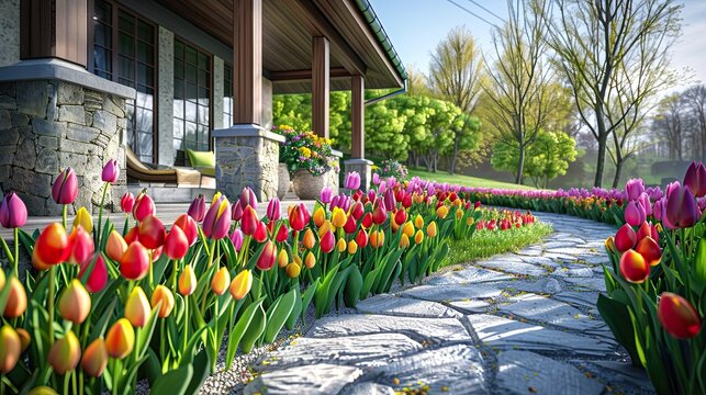 A luxury farm house with a stone porch and a garden path lined with colorful tulips