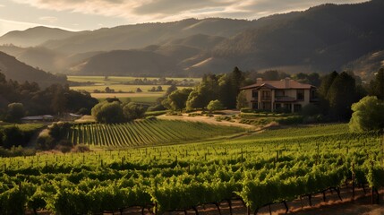 panoramic view of a vineyard in the countryside at sunset