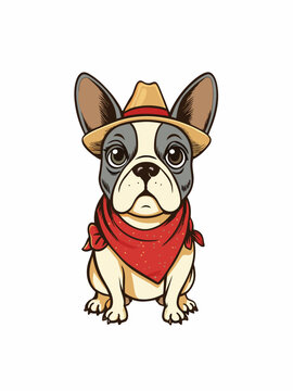 rench bulldog with cowboy hat, retro ink drawking