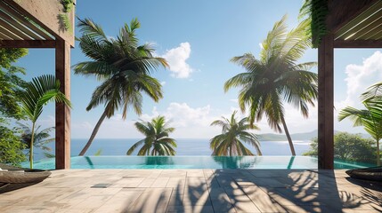 Obraz premium A luxury pool home's terrace view, with palm trees swaying in the wind and a pool glistening below