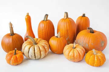 A display of autumn pumpkins with varying sizes and shades of orange