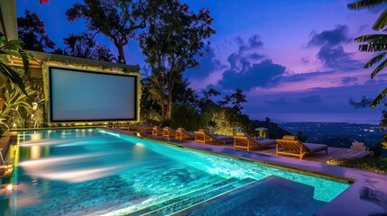 A luxury villa's pool area with a garden cinema screen, providing an immersive movie experience under the night sky