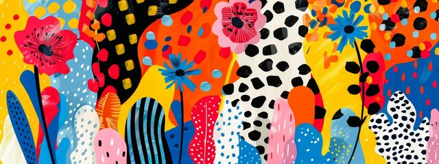 A playful illustration bursting with a variety of patterns, from floral and prints to stripes and polka dots, all woven together in a chaotic yet harmonious way.