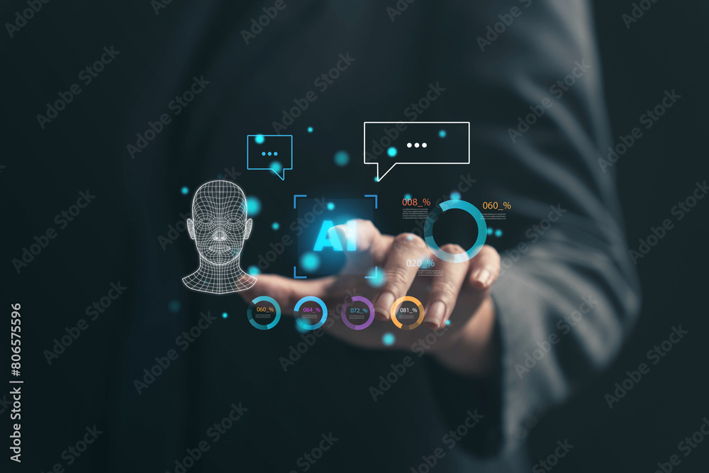 Poster businessman is using his finger to touch a virtual screen. the concept of using ai technology helps 