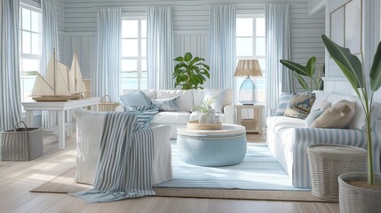 A serene, coastal living room with light, breezy curtains, comfortable white and blue striped furniture, natural textures, and ocean-inspired decor creating a calm, beachy vibe. 